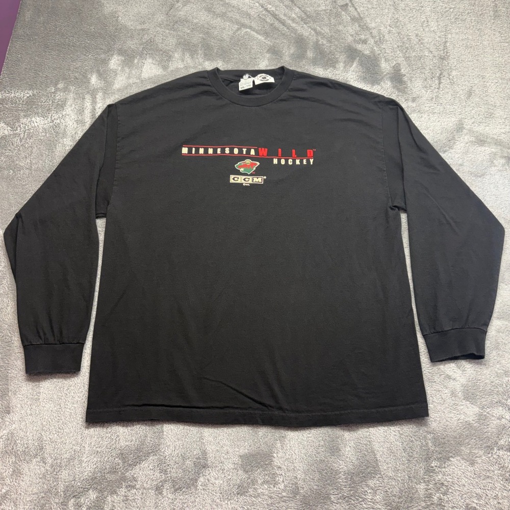 CCM Minnesota Wild Hockey T-Shirt Mens XXL Black Excellent Long Sleeve NHL Logo